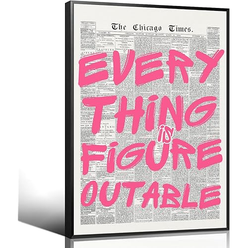 Pink Everything Is Figureoutable Quote Poster, Vintage Black White Newspaper Canvas Wall Art, Trendy Positive Affirmations Picture Print, Inspirational Office Dorm Wall Decor 8x12in Framed