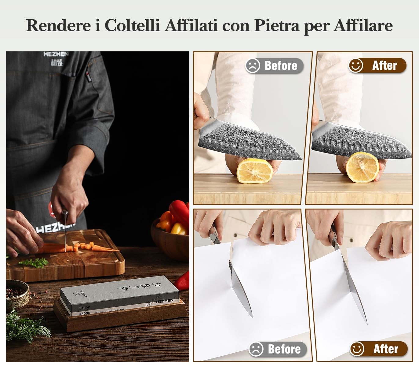 HEZHEN Pietra Affilacoltelli Professionale, Pietra per Affilare al Corindone Bianco, Doppia Faccia Grana1000/5000, con Guida Angolare, Base in Legno