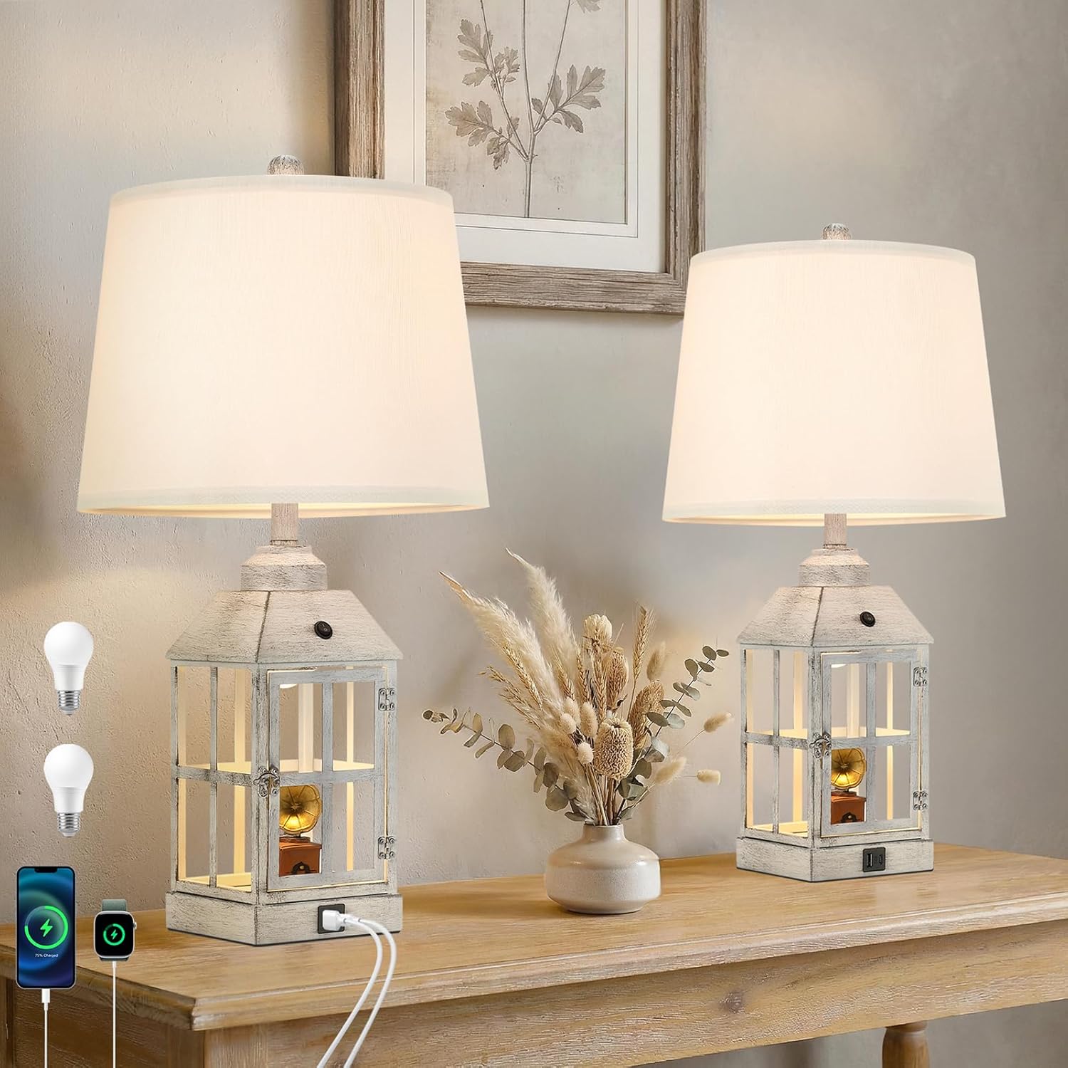 25" Farmhouse Table Lamps for Living Room, Black Lamps Set of 2 with USB Port and Nightlight, Rustic Table Lamp for Bedroom, Bedside Lamp for Nightstand, End Table, Home, Office, LED Bulbs Included