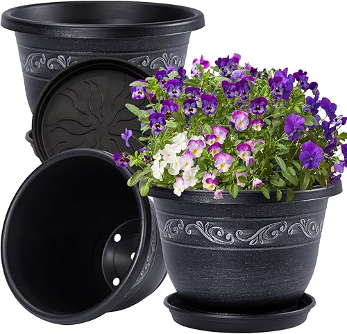 Miniatura 9 de QCQHDU Macetas para plantas, paquete de 3 macetas de 12 pulgadas con platillo de orificio de drenaje, macetas de plástico para plantas de interior,