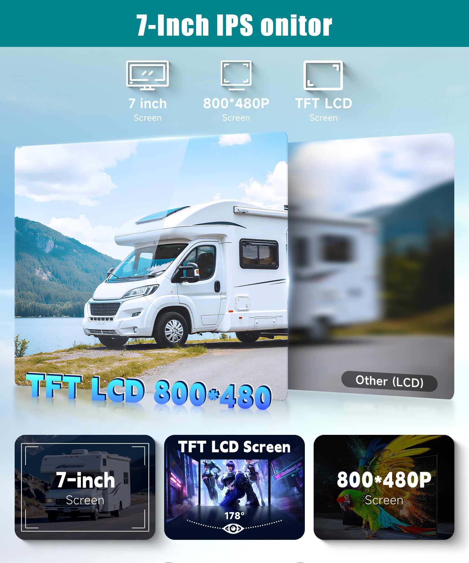 VECHTEL Caméra de recul avec de HD Moniteur 7'',Kit de caméra de recul Filaire Con IP69 Electronique Vision Nocturne de Voiture pour SUV Van RV Car Installa