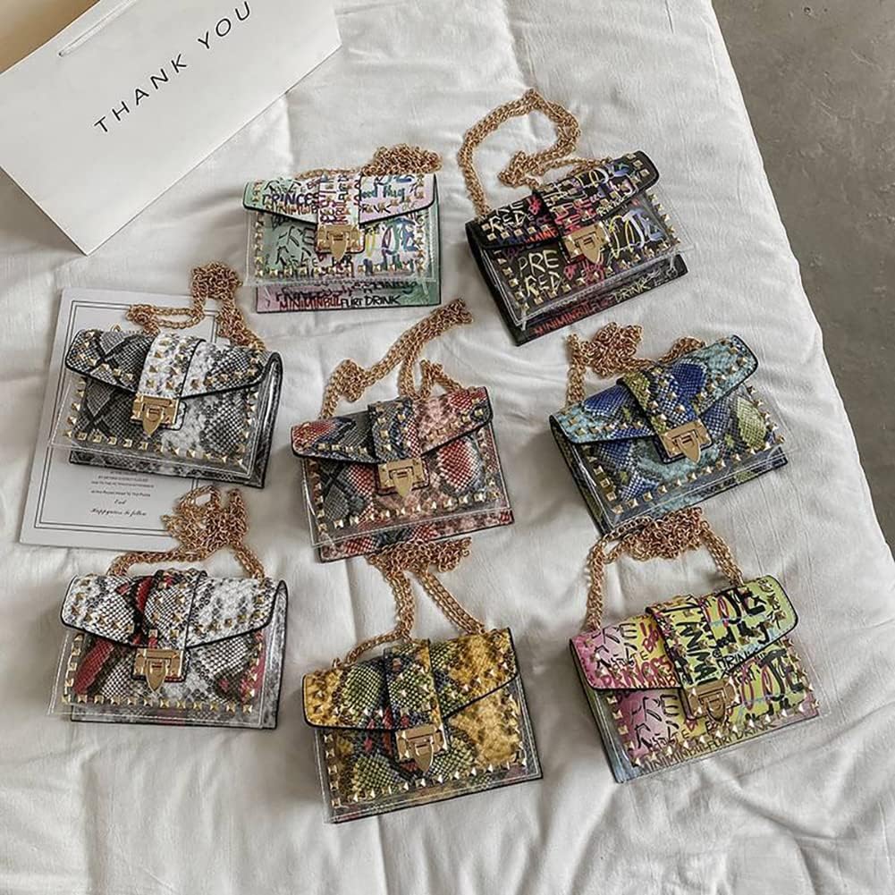 PU Leather Graffiti Shoulder Crossbody Rivet Square Snake-shaped Pattern Chain Bag - Image 3