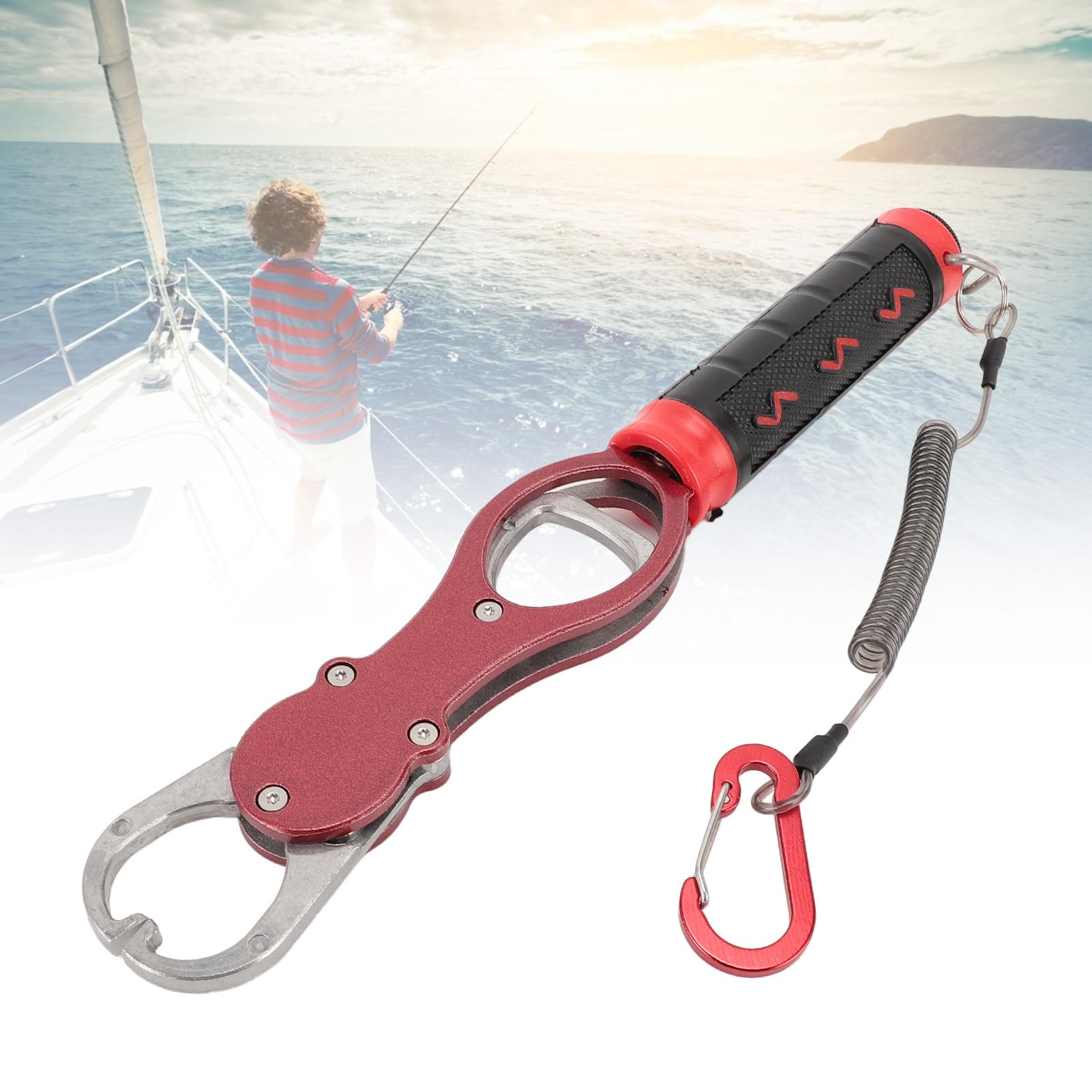 RiToEasysports Fish Lip Gripper, Aluminum Alloy Fish Lip Grabber Multifunctional Fishing Tool Digital Scale Hook Clamp with Scale for Men (Red)