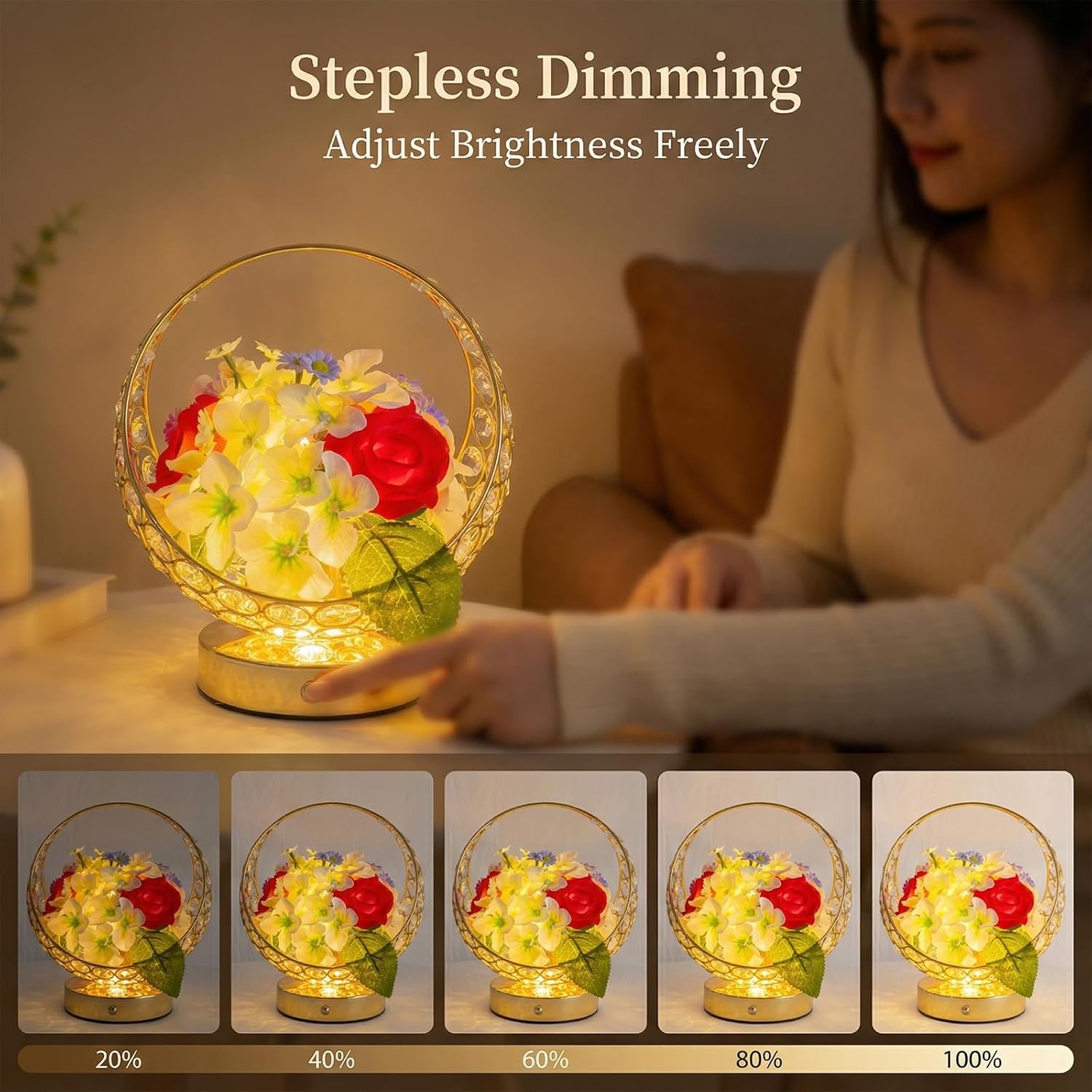 Rose LED Table Lamp, Modern Gold Crystal Bedside Lamp, Dimmable Touch Control Night Light for Bedroom Living Room Home Office, Romantic Warm Lighting Decorative Lamp