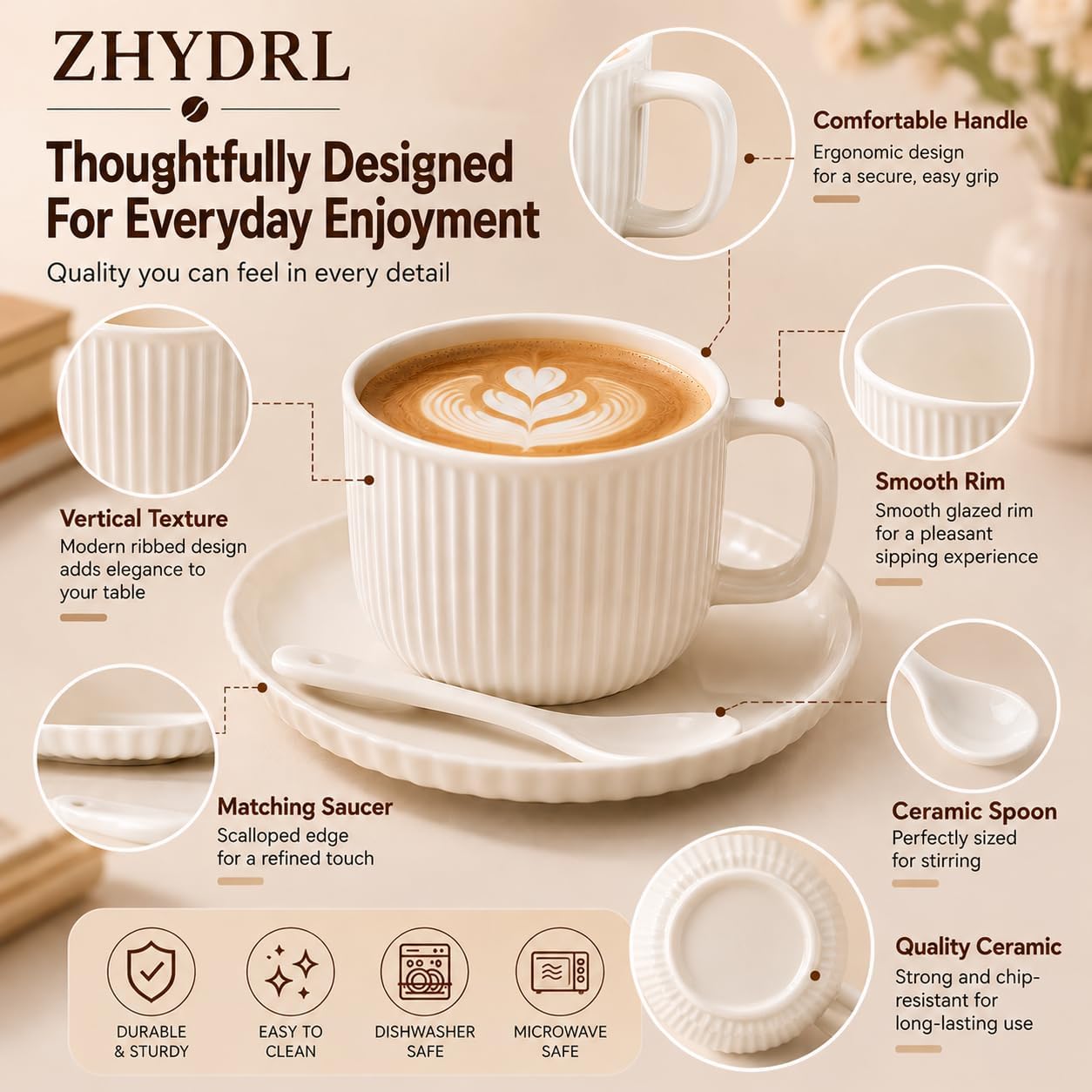 White Ceramic Coffee Cups Set of 4 with Saucers and Spoons