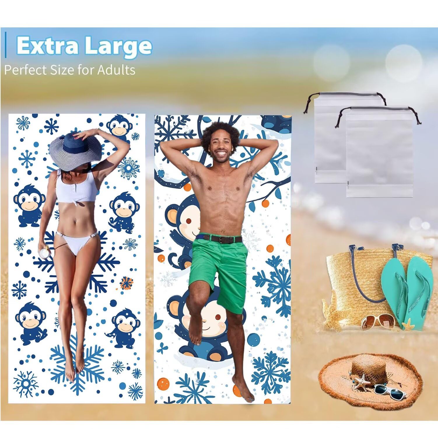 Ręcznik plażowy 90 x 200 cm, zestaw 2 dużych ręczników z mikrofibry szybkoschnący, chłonny, kompaktowy, ręcznik kąpielowy bez piasku letni koc plażowy damski na prezent (małpa z kreskówek) H-599