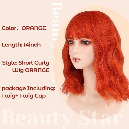 Miniatura 2 de BEAUTY STAR Pelucas naranjas para mujer, peluca corta con fleco, peluca ondulada estilo Bob, peluca rizada de fibra sintética para uso diario, toma