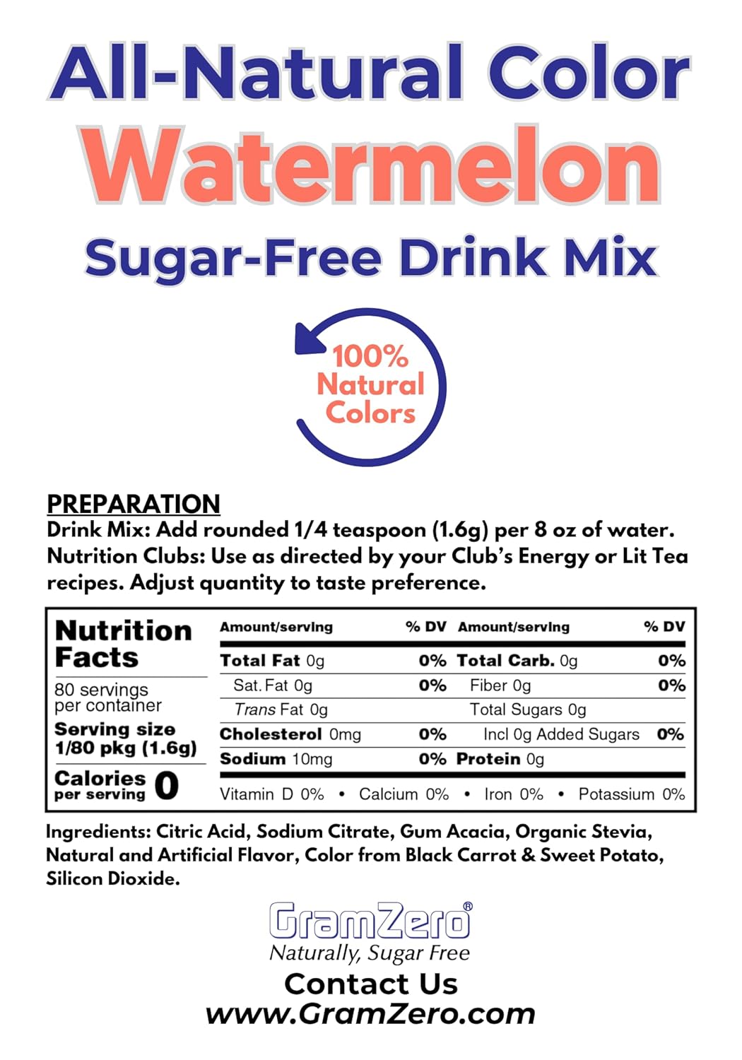 GramZero Watermelon Zero Calorie Sugar Free Drink Mix, Great For Nutrition Club Loaded Teas, Stevia Sweetened