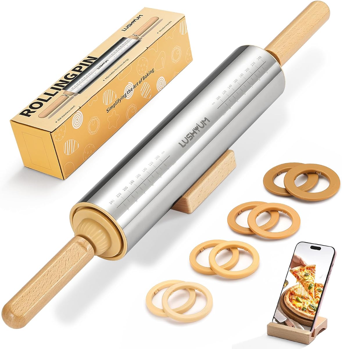 Adjustable Rolling Pin with Thickness Rings 304 Stainless Steel Dough Roller with Dual-Purpose Stand Detachable Handles for Pizza Cookies Fondant Non Stick Metal Kitchen Tool Gift for Bakers