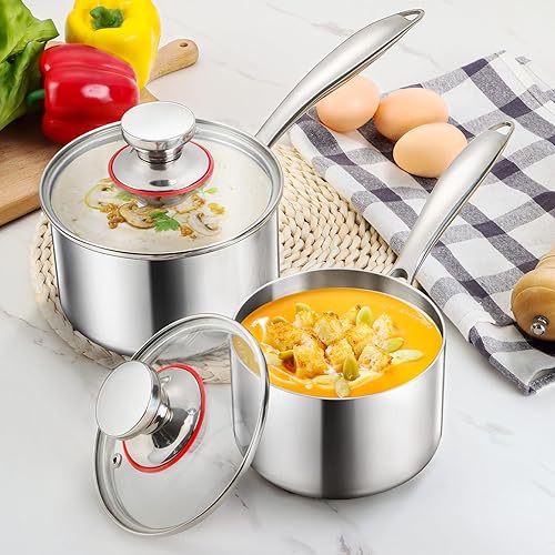 Miniatura 6 de E-far - Cacerola de 123 cuartos con tapa, juego de 3, sartén de acero inoxidable 1810, utensilios de cocina de metal triple para cocina, pasta,