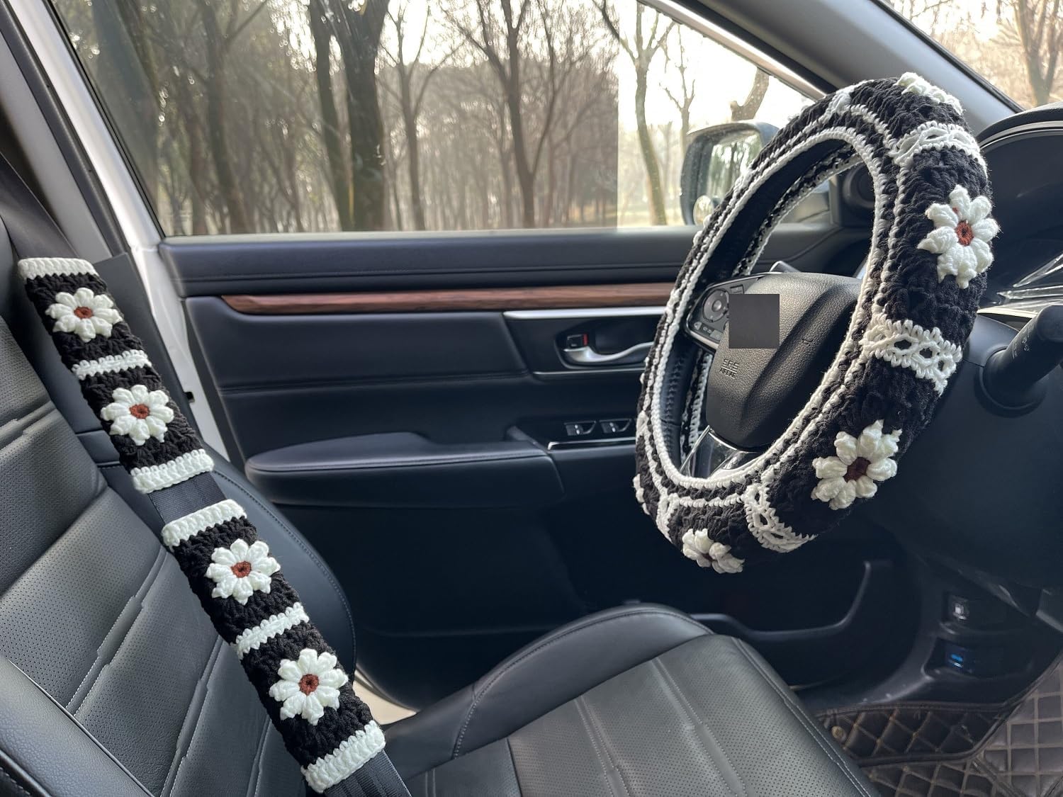 Daisy Crochet Steering Wheel Cover,Cute Seat Belt Cover,Women car Accessories (Black Wheel Cover+2 Belt Cover)