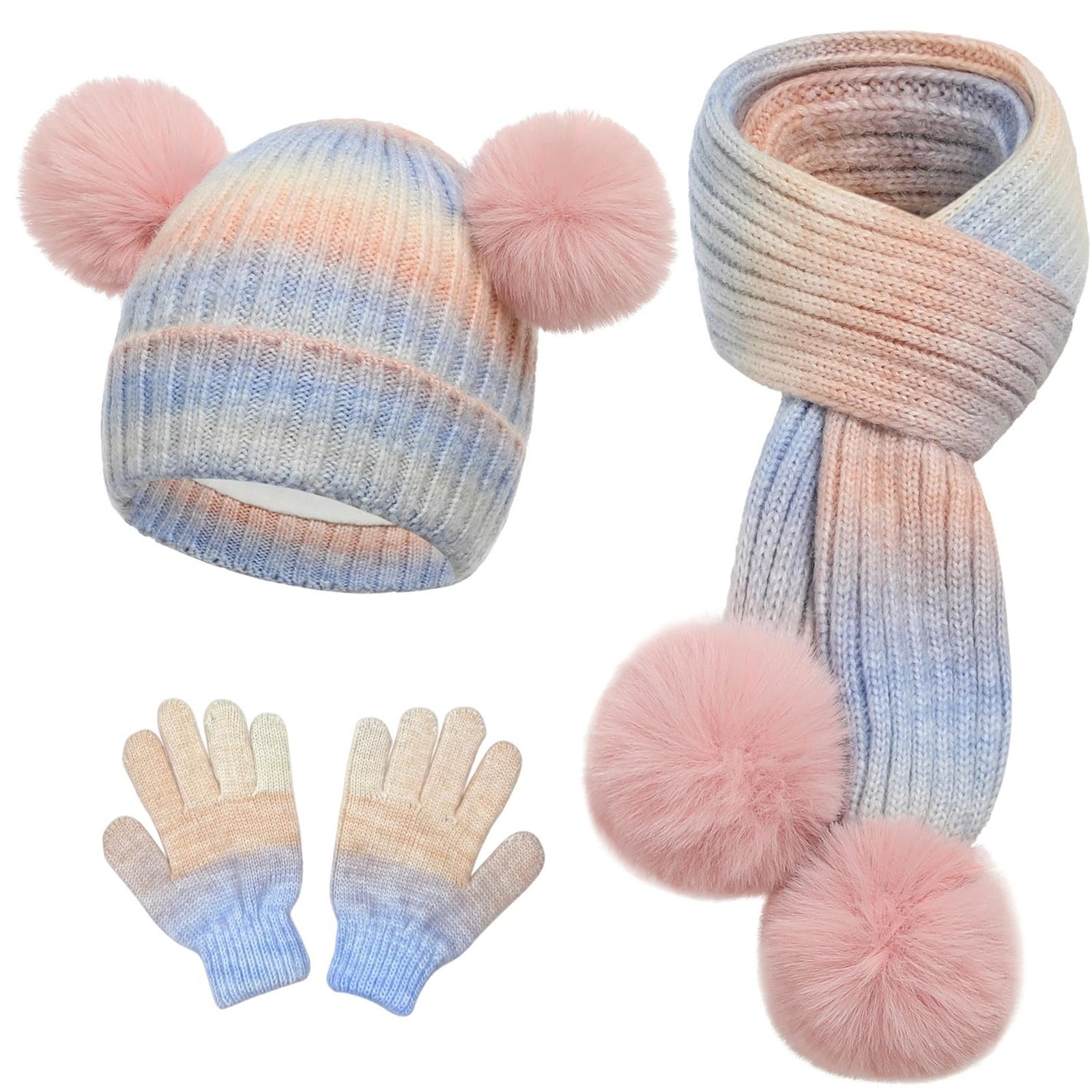 3-teiliges Baby-Wintermütze, Schal, Handschuhe, Set mit schönen Pompons, weiche Wollmischung, für kaltes Wetter von 3–10 Jahren