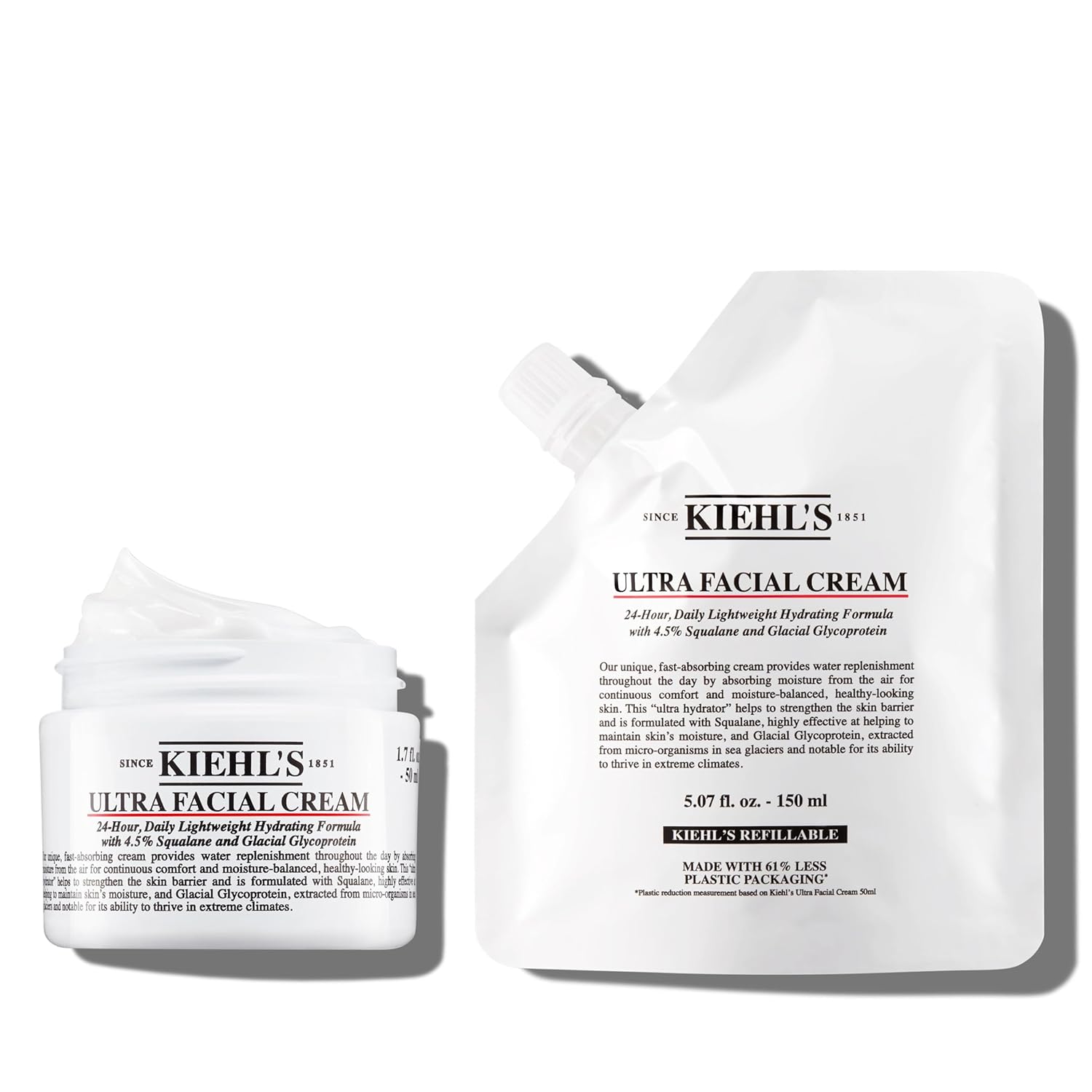 Kiehl's Ultra Facial Cream Duo, with 4.5% Squalane to Strengthen Skin's Moisture Barrier - Refill Pouch and 1.7 Fl Oz Reusable Jar​