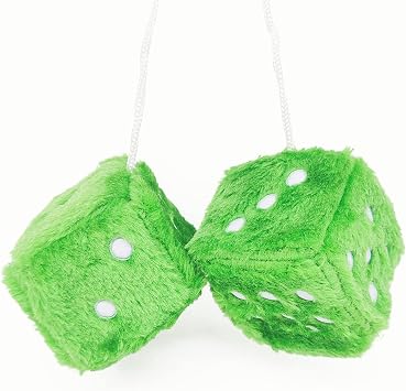 Pair 2.4of Green Retro Mirror Fuzzy Plush Dice Car Pendants,Interior Rearview Mirror Dice Decoration Car Accessories Interior Aesthetic