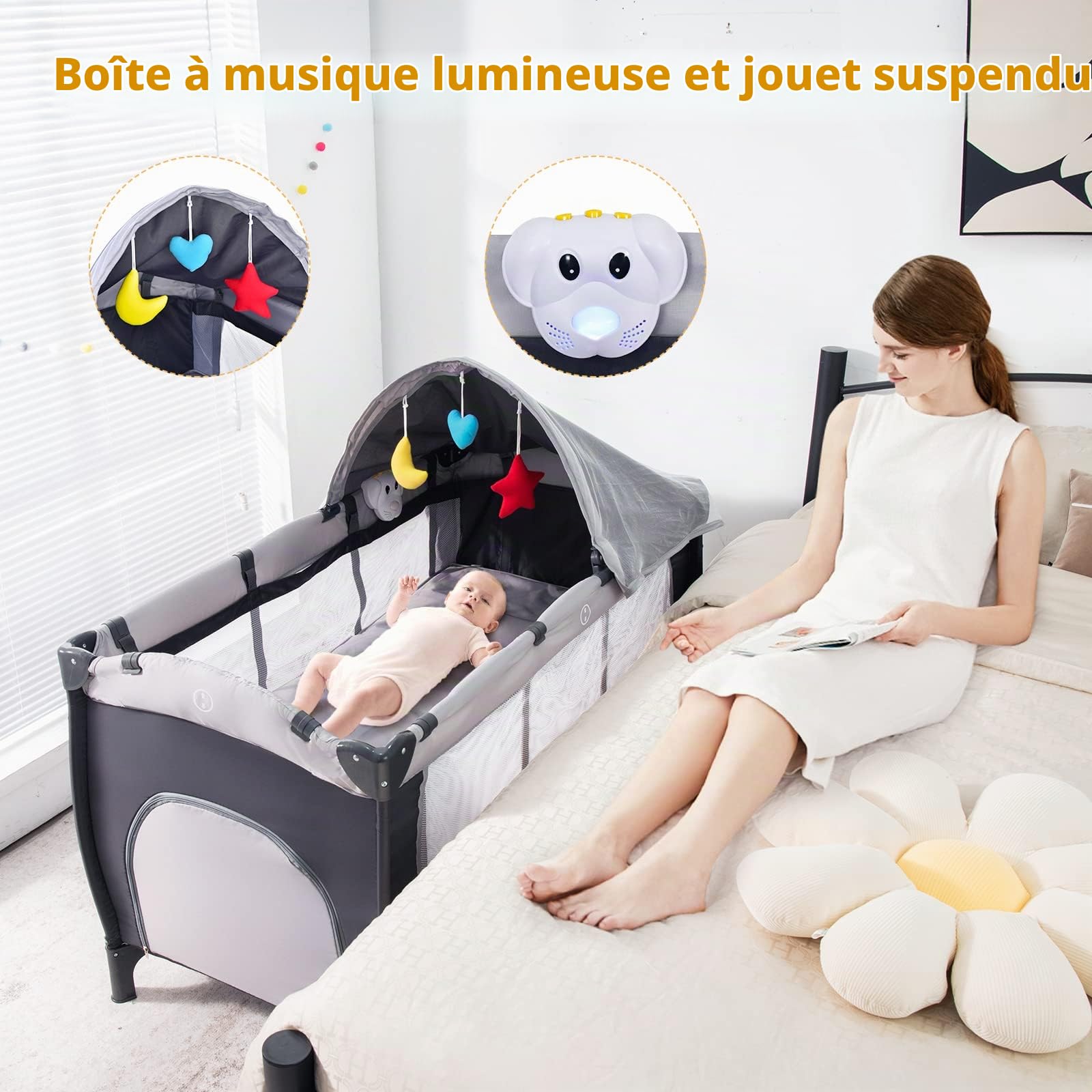 LIFEZEAL Lit Parapluie avec Matelas 2 Niveaux, Lit Pliant Bébé avec Sac de Rangement, Lit Bebe 0-36 Mois avec Table à Langer, Moustiquaire, Charge de 15 kg (Gris)