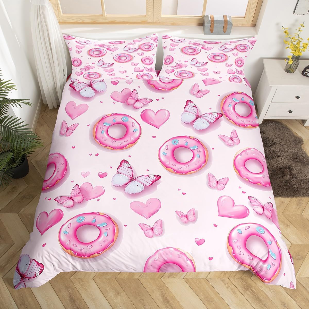 Butterfly Bedding Sets Toddler Size Pink Doughnut Print Duvet Cover for Girls Kids Cute Cartoon Comforter Cover Romantic Theme Bedspread Cover Cute Animal Butterfly Bedding