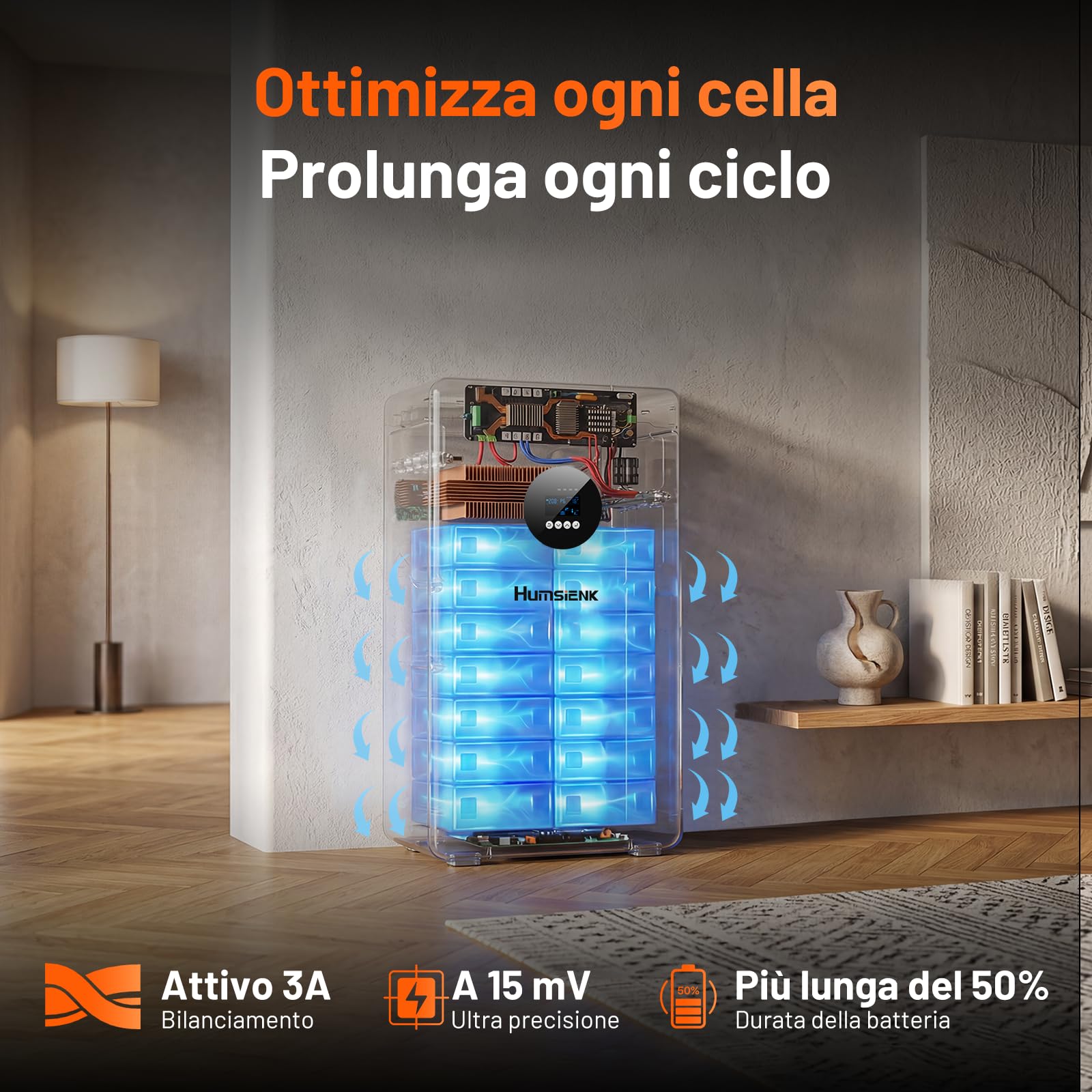 HumsiENK Sistema Solare All-in-One 6-in-1 5kW – Batteria LiFePO4 5.12kWh, Ingresso PV 9000W, MPPT 99.5%, UPS <20ms, BMS 200A con Bilanciamento Attivo 3A per Backup Domestico e Off-Grid