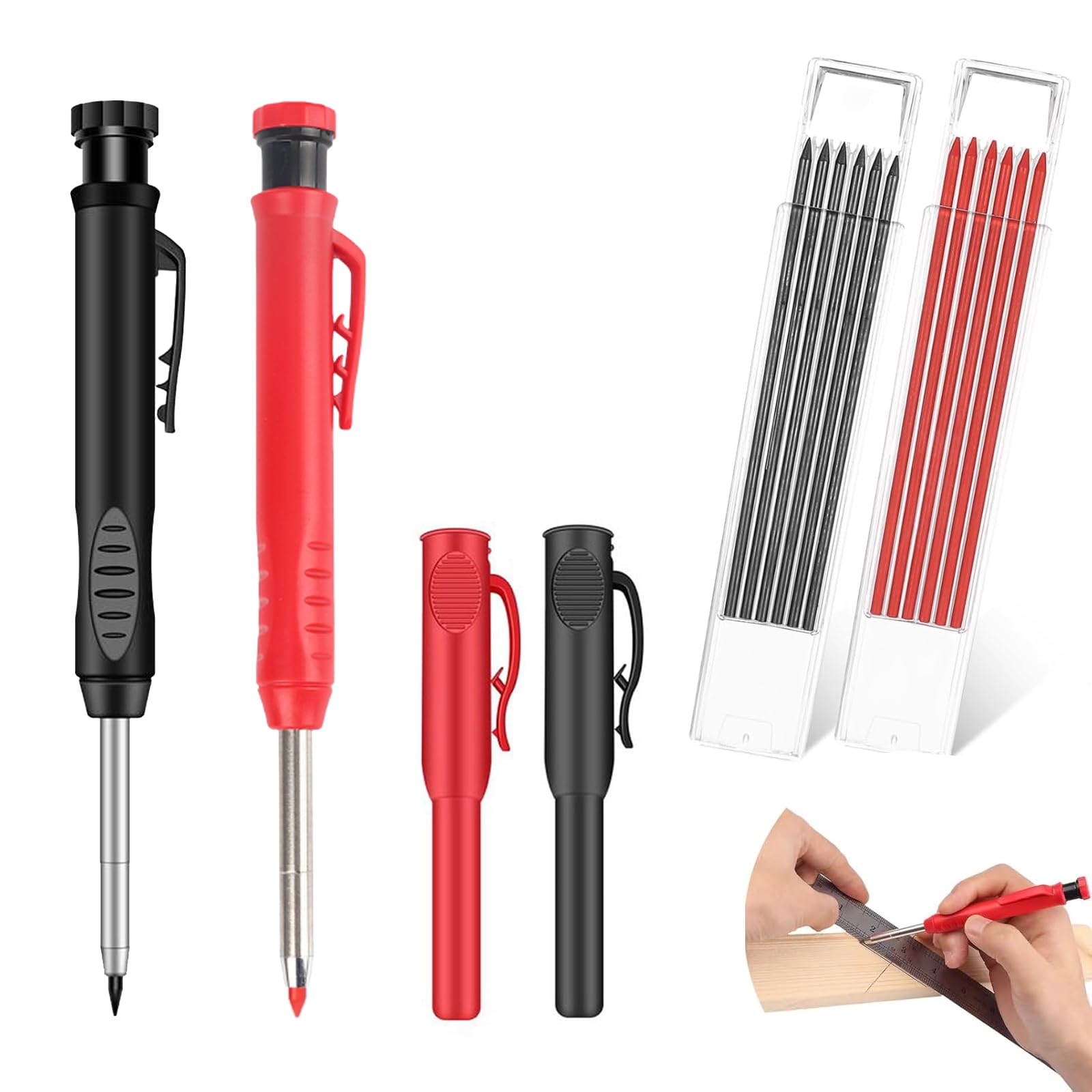 AFIODA 2 Pack Carpenters Pencil Mechanical Pencil Set, Deep Hole Marker with Built-in Sharpener, 12 Refills 2.8mm, Long Nose Solid Joiners Pencil for Construction, Architect, Woodworking (Black & Red)