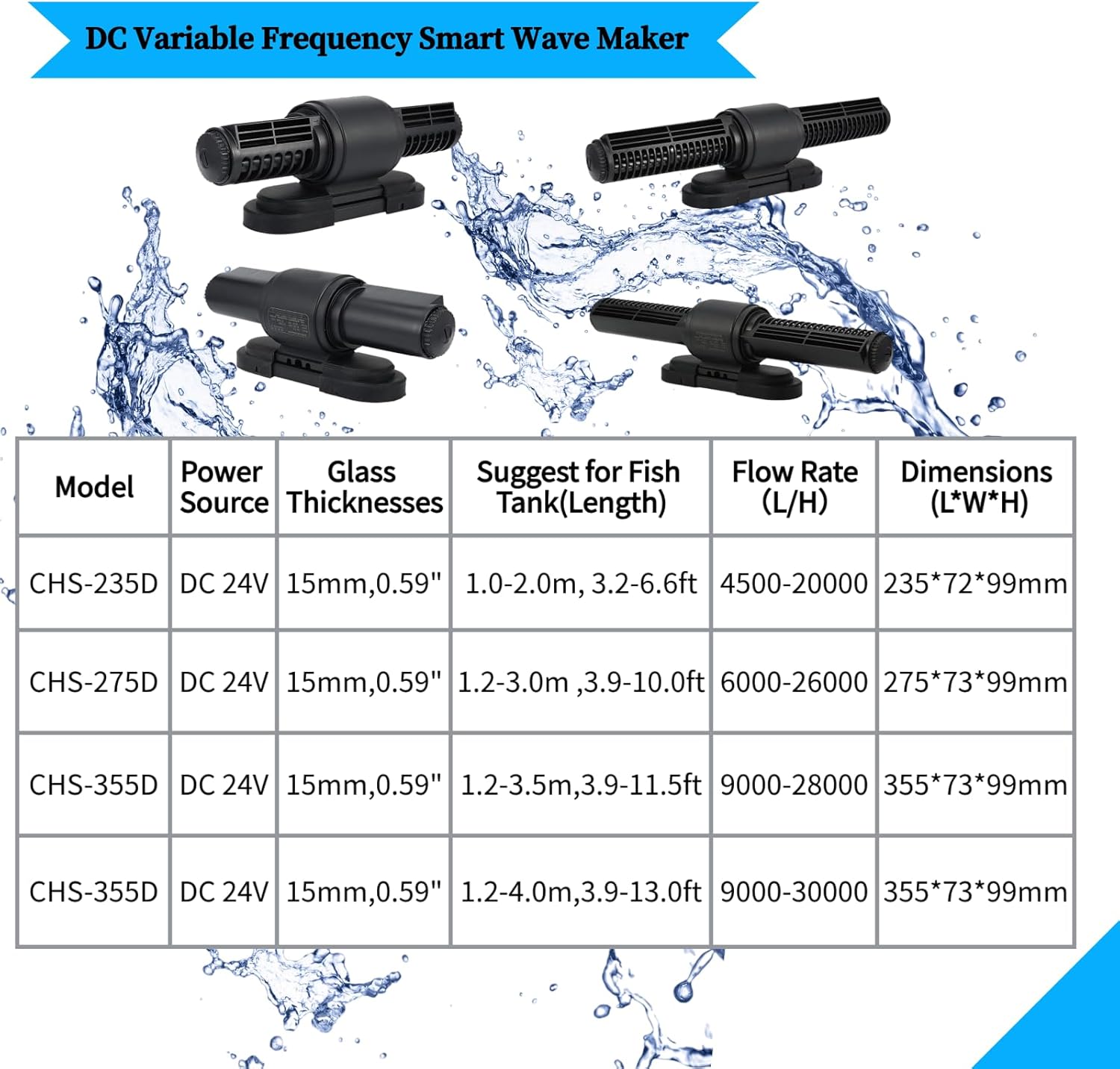 CHANCS CHS-355D Cross-Flow Wave Pump 9000-30000L/H DC 24V 50W Wave Maker Pump for Fish Tank