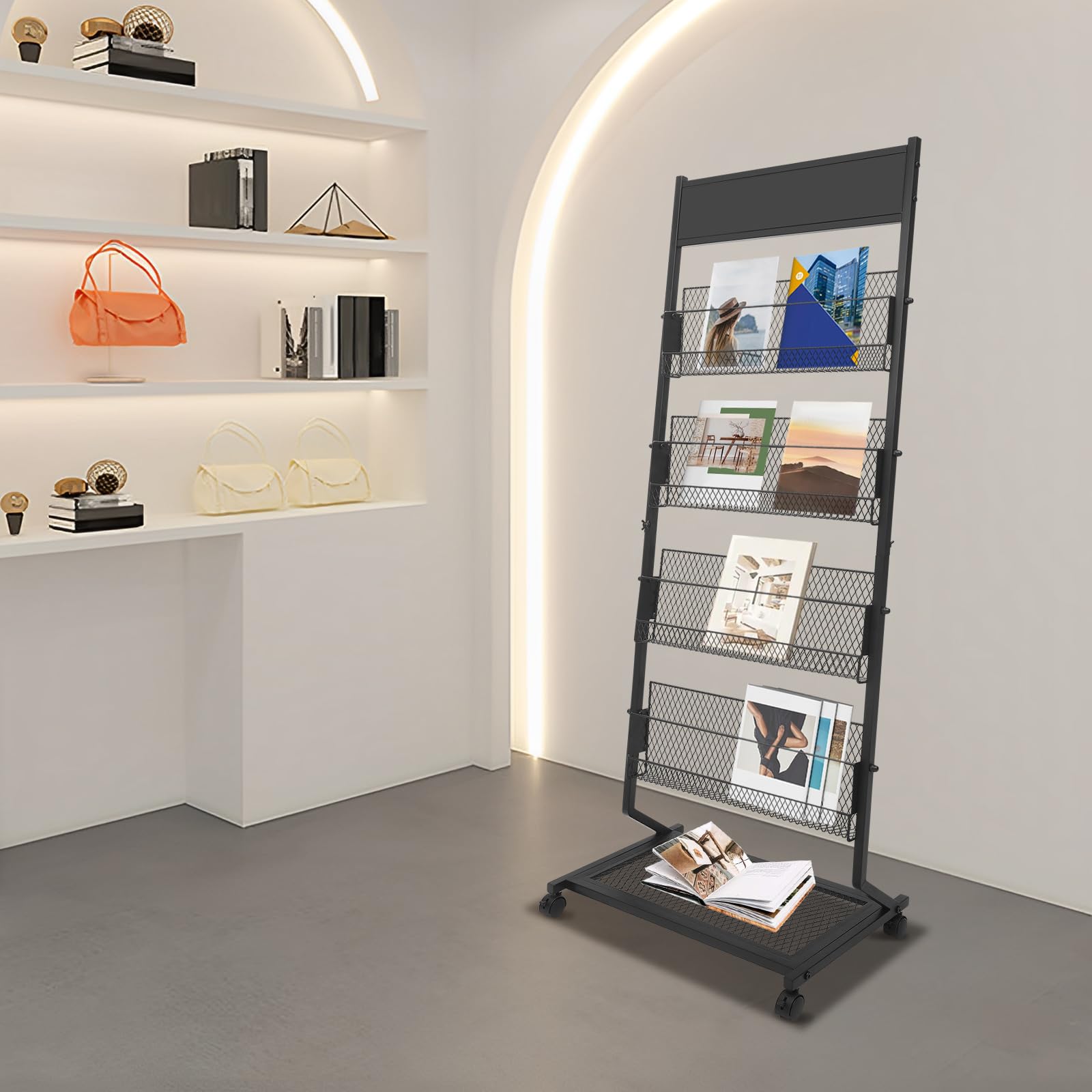 Prospektständer Zeitschriftenständer Standzeitschriftenständer Flyer Aufsteller 5-Lagen Prospekthalter Kataloghalter Büroregale Literaturständer mit 4 Rädern für Messe, Büro 63.5*36.8*165.9cm