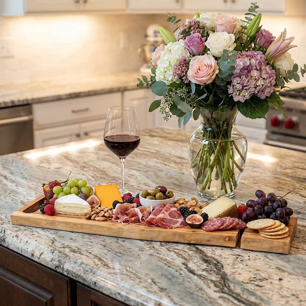 EcoDecors Eleganto 42" Live Edge Solid Teak Bath Caddy Tray with Handle, Book & Tablet Holder, Wine Glass Holders, Luxury Bathtub Tray