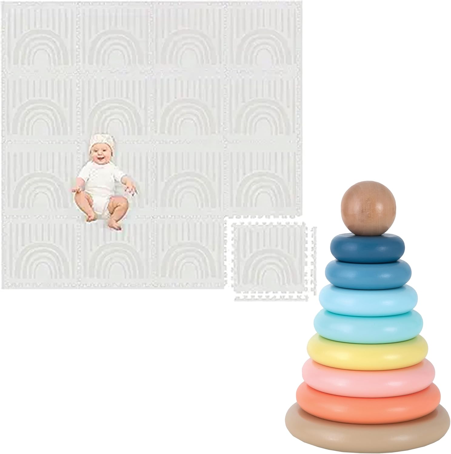 Play Platoon Non-Toxic Kids Play Mats for Floor, Extra-Thick Foam Tiles, Playmat for Toddlers & Childrens Playroom, Wooden Rainbow Stacking Toy Ring Stacker Toy, Educational Interactive Learning Toys