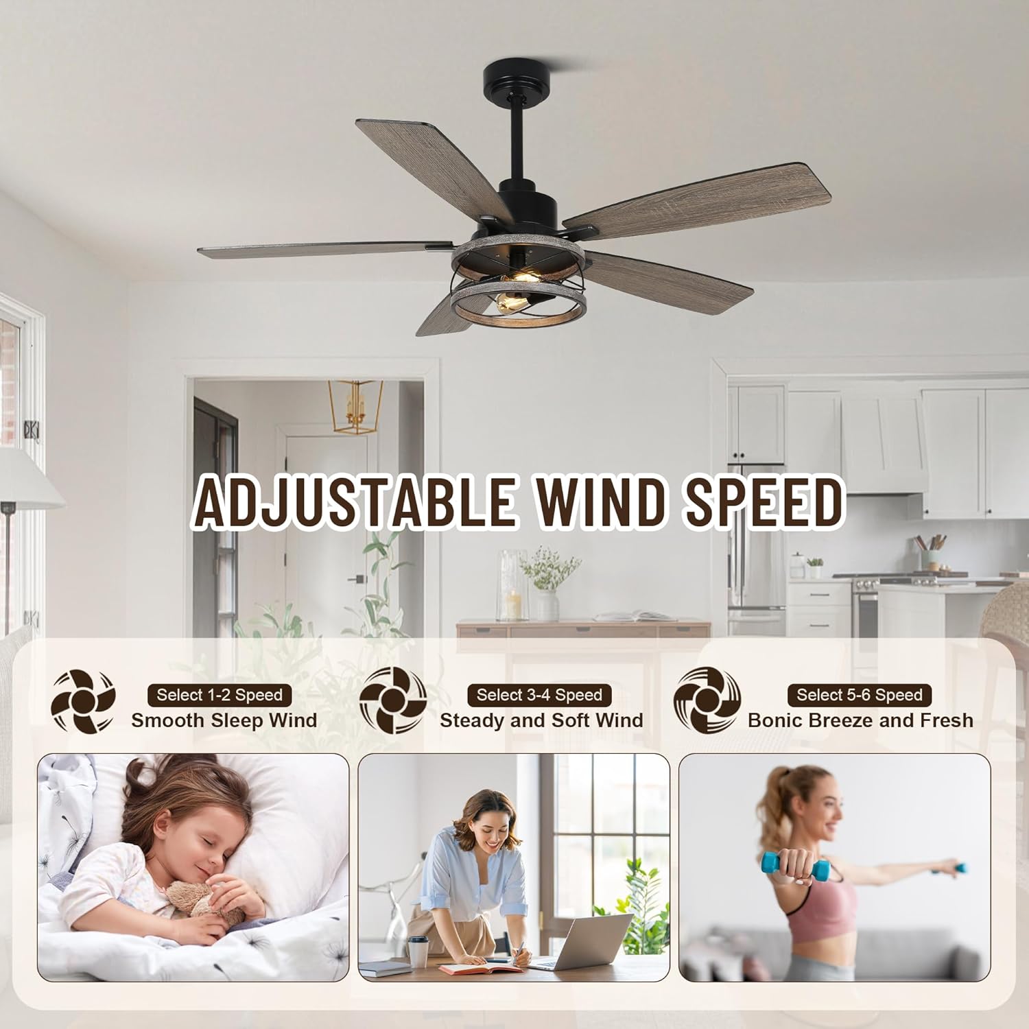 52'' Farmhouse Ceiling Fans with Lights and Remote Control,Reversible DC Motor,5 Double Colour Blades,Rustic Caged Ceiling Fan for Living Room,Dining Room,Bedroom