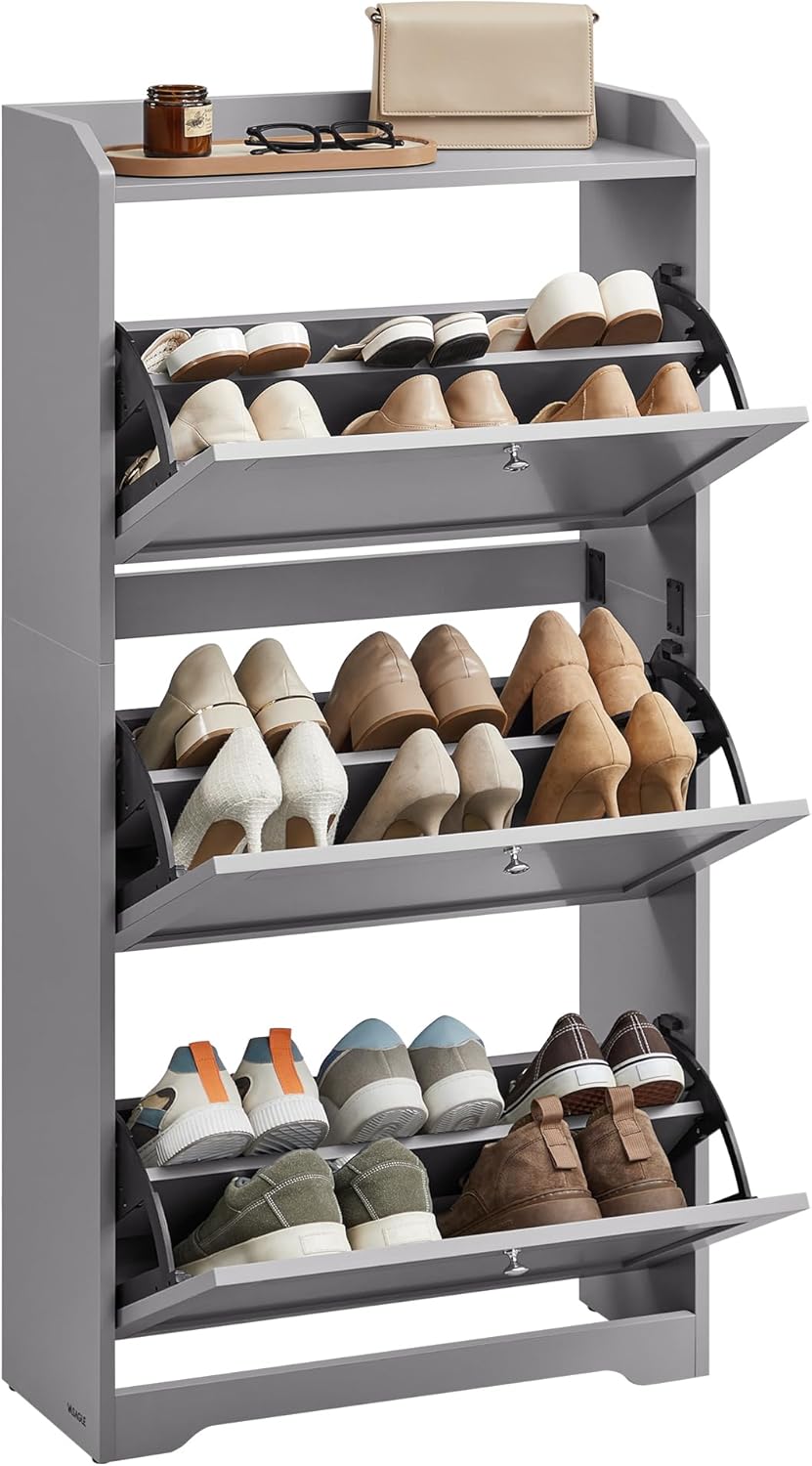 VASAGLE Shoe Cabinet with 3 Flip Drawers, Shoe Organizer, Adjustable and Removable Dividers, Holds 12-20 Pairs, Entryway, 9.4 x 23.6 x 47.7 Inches, Cloud White ULBC036WB02S