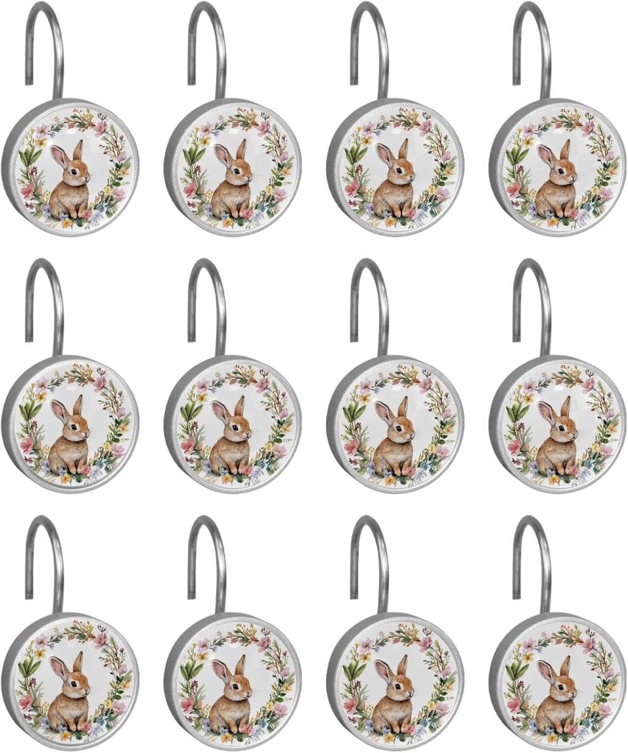12PCS Brown Rabbit in Floral Wreath (2) Shower Curtain Hooks Metal Rust Resistant Decorative Shower Curtain Hooks Bathroom Decorations