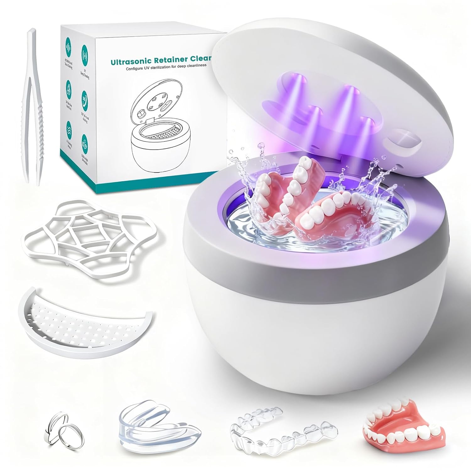 Upgraded Ultrasonic Retainer Cleaner Machine, 45kHz Ultrasonic Dentures Cleaner for Night Guards, Braces, Aligner, Toothbrush, Jewelry and More, 200ML Capacity, White (White)