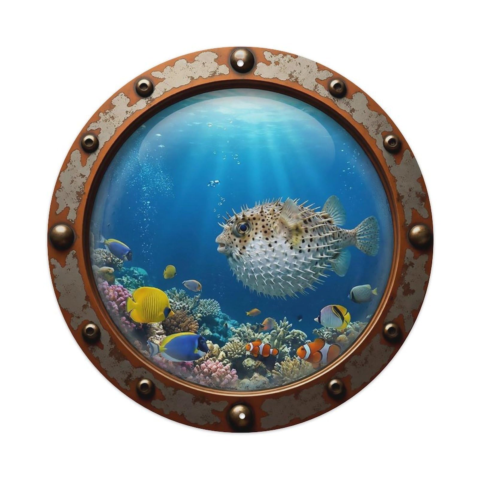 Odgynaw 8X8inch(20X20cm) Vintage Porthole Pufferfish Nautical Window View Metal Tin Sign