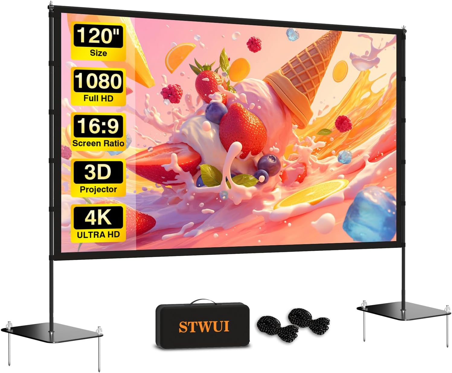 STWUI 120 Inch Portable Outdoor Projector Screen with Stand Carry Bag 16:9 4K HD