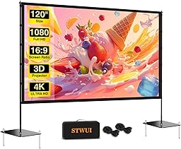 STWUI Outdoor-Projector-Screen-with-Stand - 120 inch Portable Projection Screen Indoor Outdoor Projector Screens 16:9 4K HD Lightweight Movie Screen with Carry Bag for Backyard Movie Night 1pcs