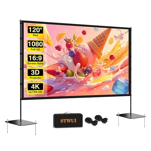 STWUI Outdoor-Projector-Screen-with-Stand - 120 inch Portable Projector Screen Indoor Outdoor Projector Screens 16:9 4K HD Lightweight Movie Screen with Carry Bag for Backyard Movie Night