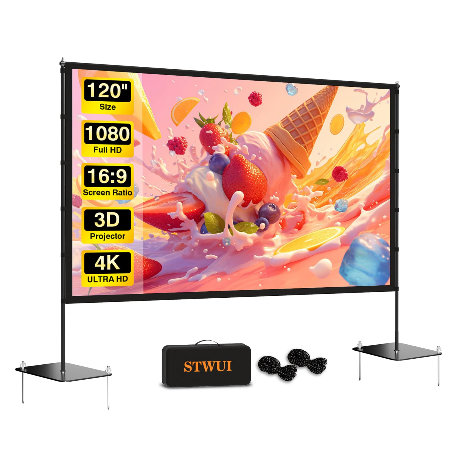 STWUI Outdoor-Projector-Screen-with-Stand - 120 inch Portable Projection Screen Indoor Outdoor Projector Screens 16:9 4K HD Lightweight Movie Screen with Carry Bag for Backyard Movie Night