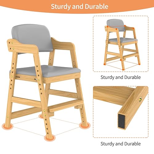 Miniatura 6 de Silla alta de madera para niños pequeños, silla alta ajustable con cojín impermeable de alto rebote para niños pequeños a adolescentes, silla de