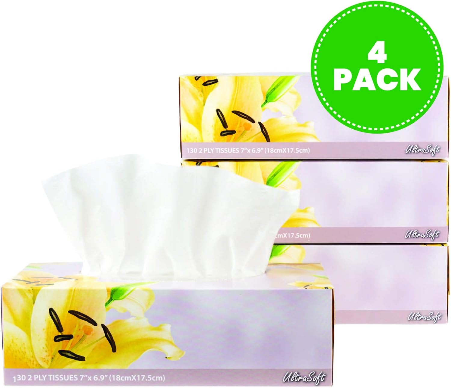 Facial Tissues 130 Per Box, Size 7" X 6.9" 2 Ply, Great for Bathroom, Office, Store, School, Home, Kitchen, Or in Your Car & in Every Room (Pack of 4, 520 Tissues total) : Health & Household
