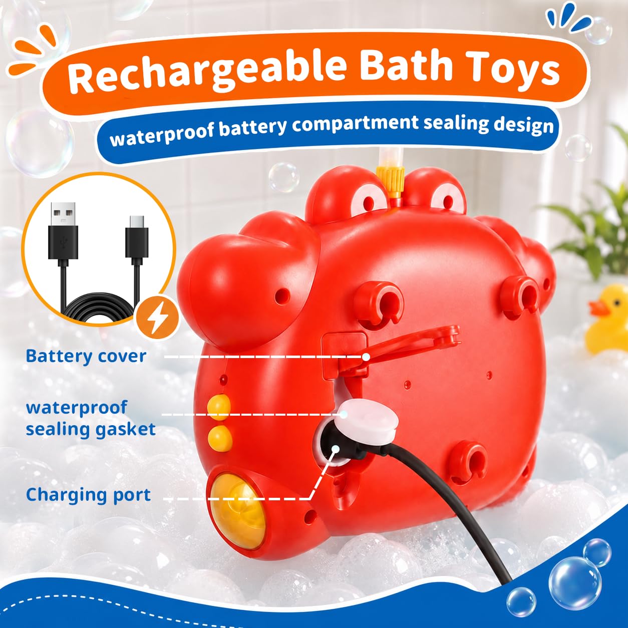 Krabben-Badespielzeug, 4-in-1 Schaumbad-Maschine mit Duschkopf, Kleinkinder, beleuchtet und Musik, Badewannenspielzeug für Kinder im Alter von 1–3 Jahren, 4–8 Jahre, wiederaufladbar über USB