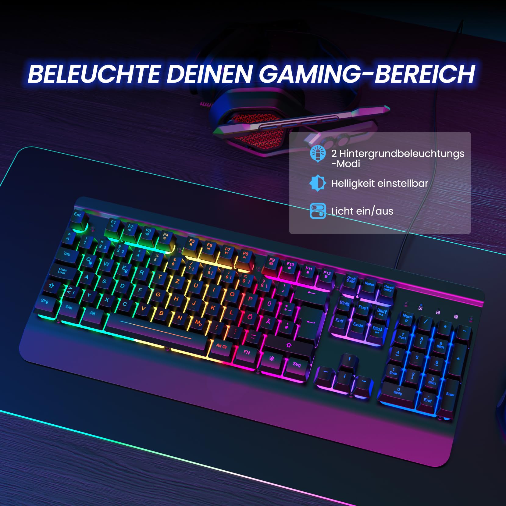 RisoPhy Gaming Tastatur, QWERTZ, Vollmetallgehäuse, Regenbogen-LED-Hintergrundbeleuchtung, Leise Computer Tastatur, Handballenauflage, Beleuchtet Tastatur mit Kabel USB für PC und Mac Gamer