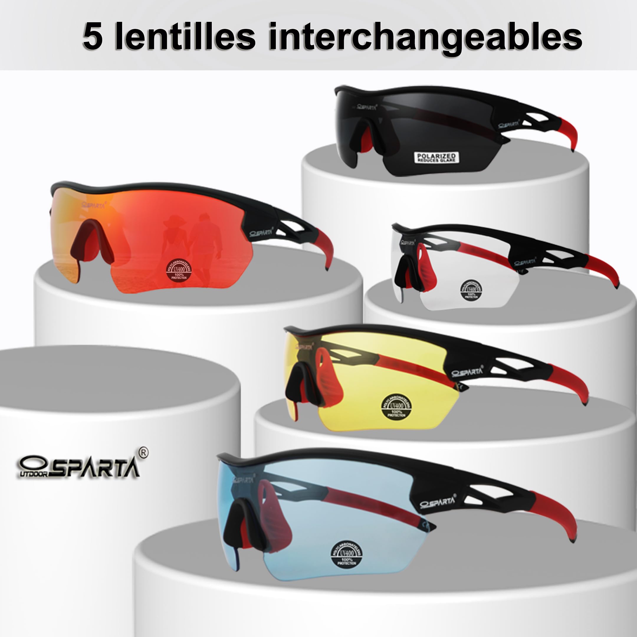 Lunettes de soleil de sport polarisées avec 5 verres interchangeables pour homme et femme