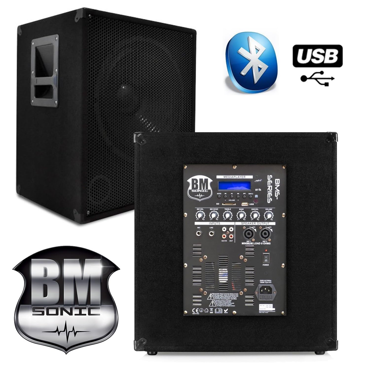 Pack Sono Enceinte + SUBWOOFER 1800W USB Bluetooth + Pieds + Cables + PORTIQUE LUMIERES - PA DJ Sono Mix Soirée Disco Mobile