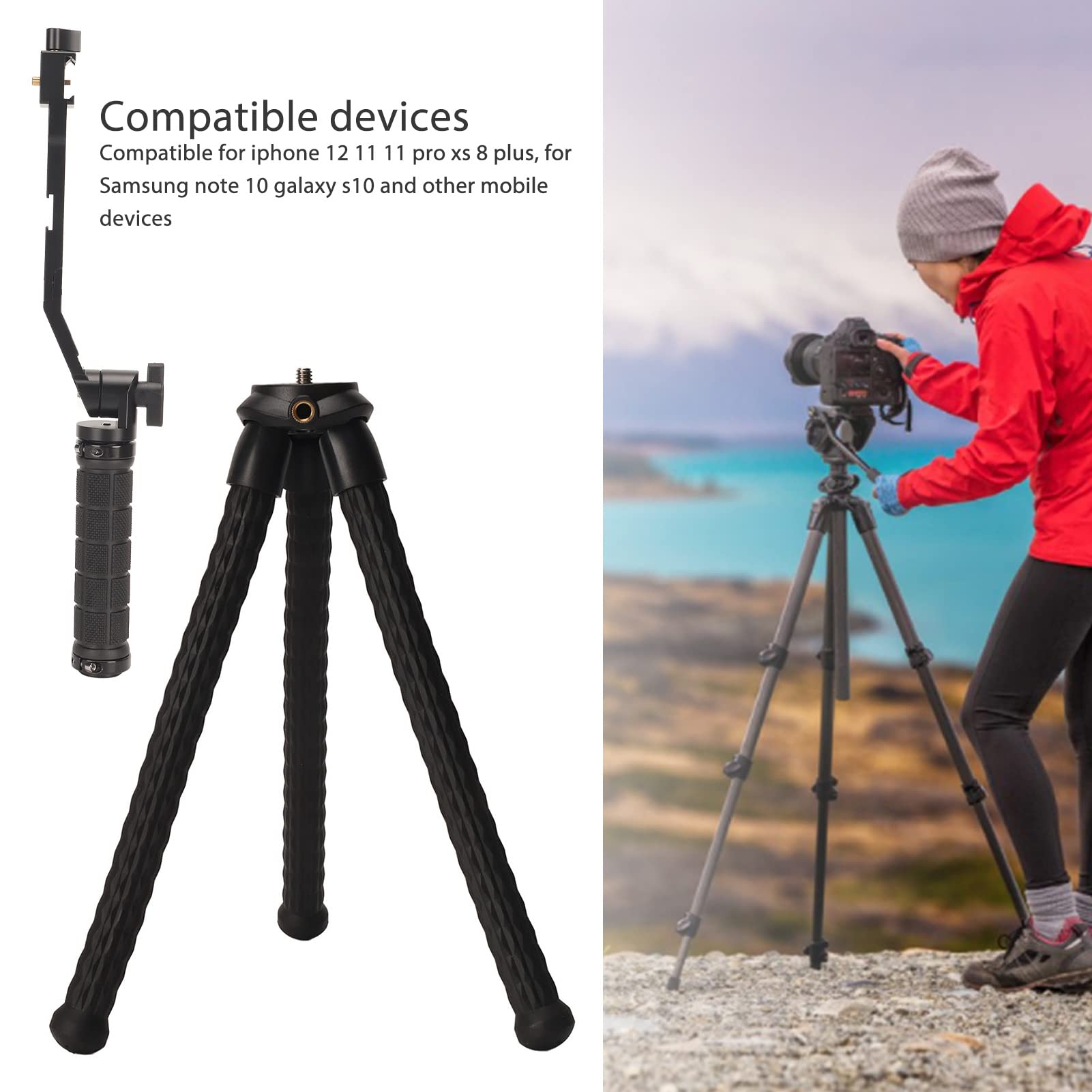 Mini Trípode Flexible Trípode Portátil Ajustable con Soporte de Zapata Fría para Vlogging Compatible con 12 11 y Cámaras DSLR (con micrófono)