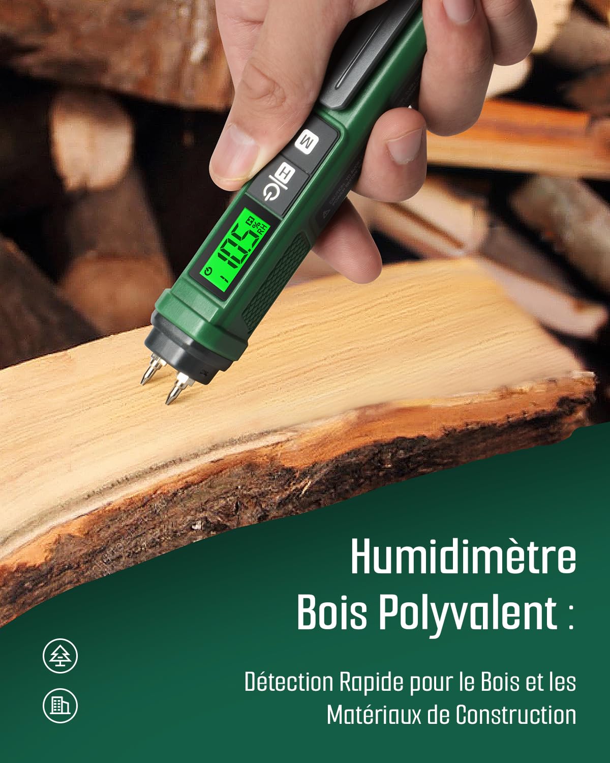 TESMEN TWM-186 Humidimètre Portable, Humidimètre à Broche à 2 Modes, 7 Échelles d'Étalonnage pour Bois, Bois de Chauffage et de Construction, Briques, Planchers, Murs - Vert