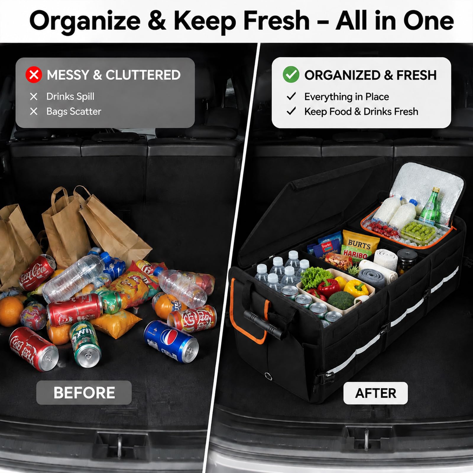 Kofferraum Organizer Auto mit Kühltasche, 92L faltbare Kofferraum Box