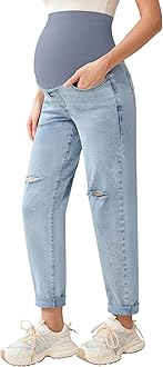 Women's Maternity Jeans Over Belly Comfy Stretch 28'' Boyfriend Jeans Loose Pregnancy Pants, S-XXL