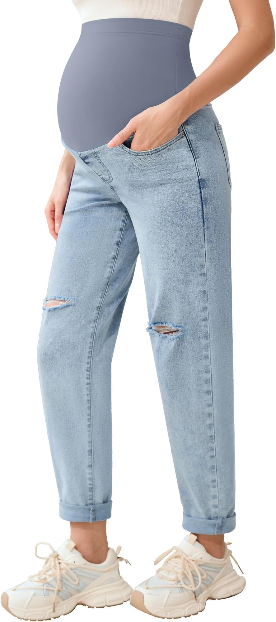 POSHGLAM Women's Maternity Jeans Over Belly Comfy Stretch 28'' Boyfriend Jeans Loose Pregnancy Pants, S-XXL