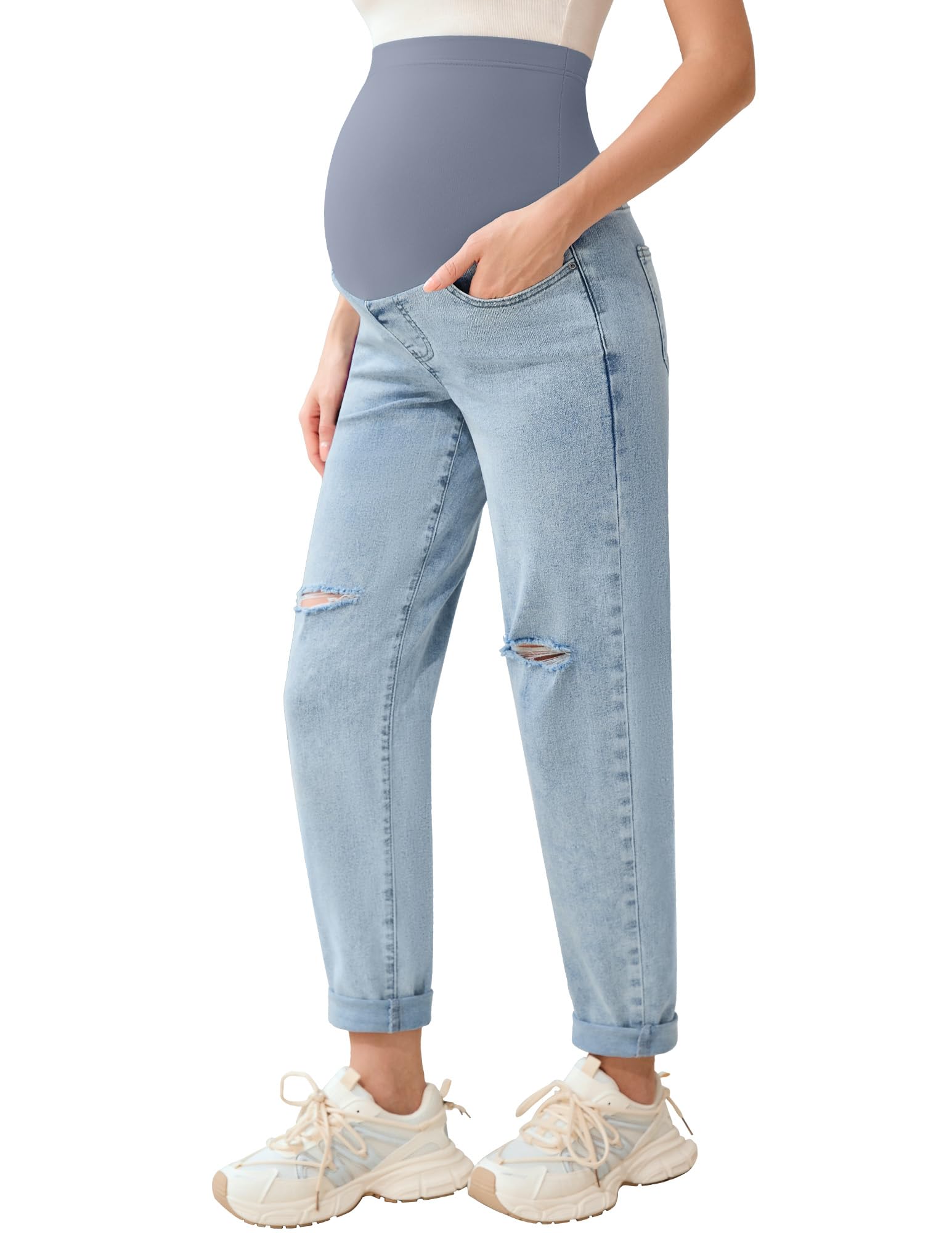 POSHGLAM Women's Maternity Jeans Over Belly Comfy Stretch Boyfriend Jeans Loose Pregnancy Pants, S-XXL