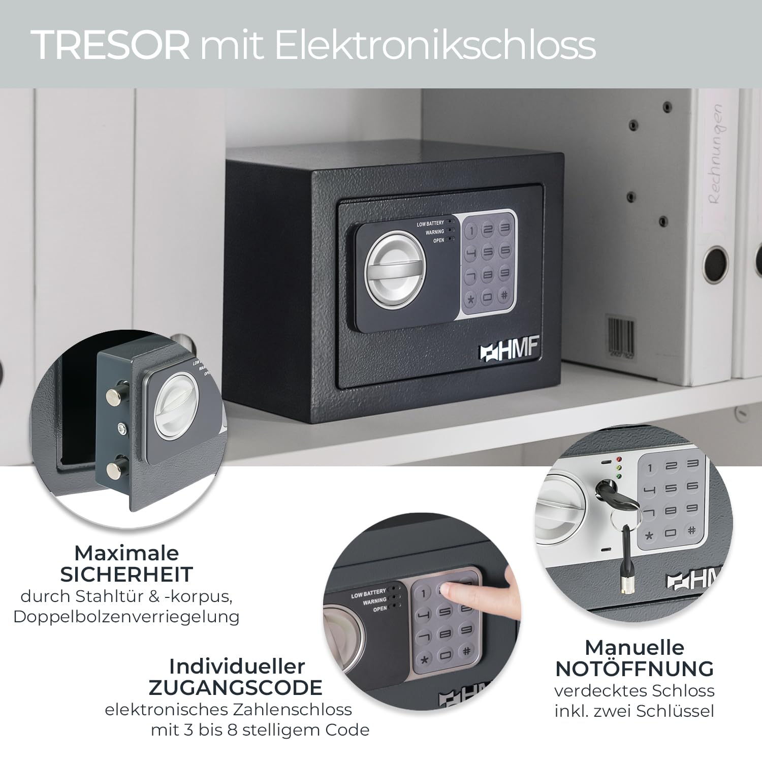 HMF 46126-11 Safe Tresor klein mit Zahlenschloss, Möbeltresor | 23 x 17 x 17 cm | Anthrazit