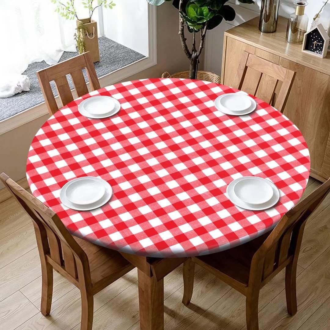 Fitable Waterproof Fitted Round Tablecloth with Elastic Gingham Vinyl Tablecloth