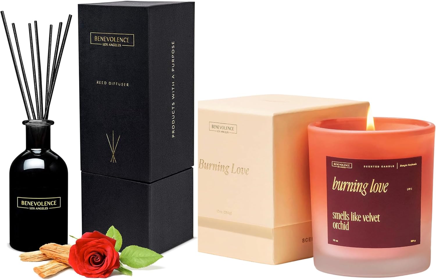 Benevolence LA Burning Love Scented Candle and Rose & Sandalwood Reed Diffuser Thank You Candle, Reed Diffusers for Home | Aromatherapy Gifts | Home Fragrance